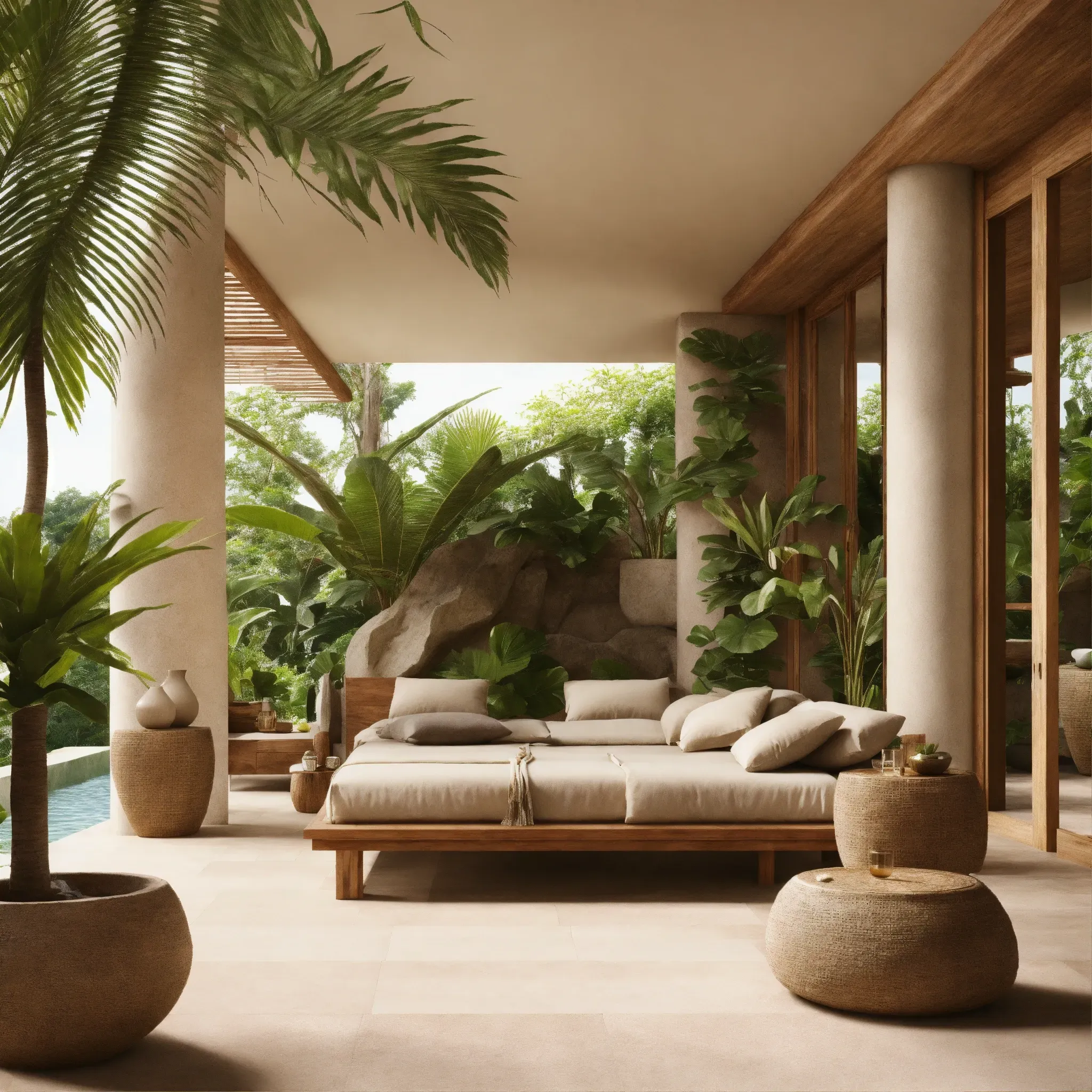 Interior featuring wood, linen and stone elements